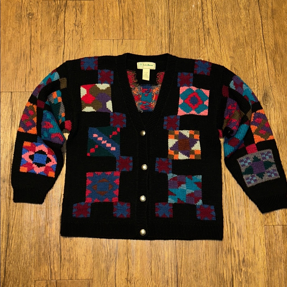 L.L. Bean Black Multicolor Patchwork Cardigan - image 8